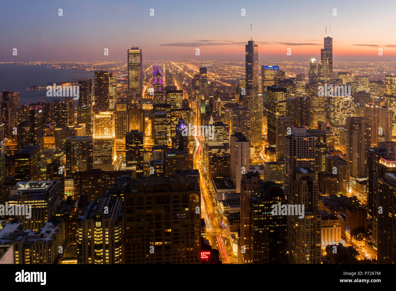 Chicago at sunset from John Hancock Tower, looking towards Willis ...