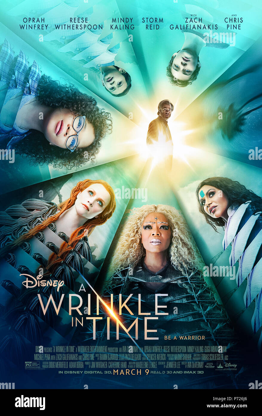 A Wrinkle in Time (2018) directed by Ava DuVernay and starring Storm Reid, Oprah Winfrey, Reese Witherspoon and Chris Pine. Astral travellers help a young girl, her brother and friend travels across the universe to find her missing father. Stock Photo