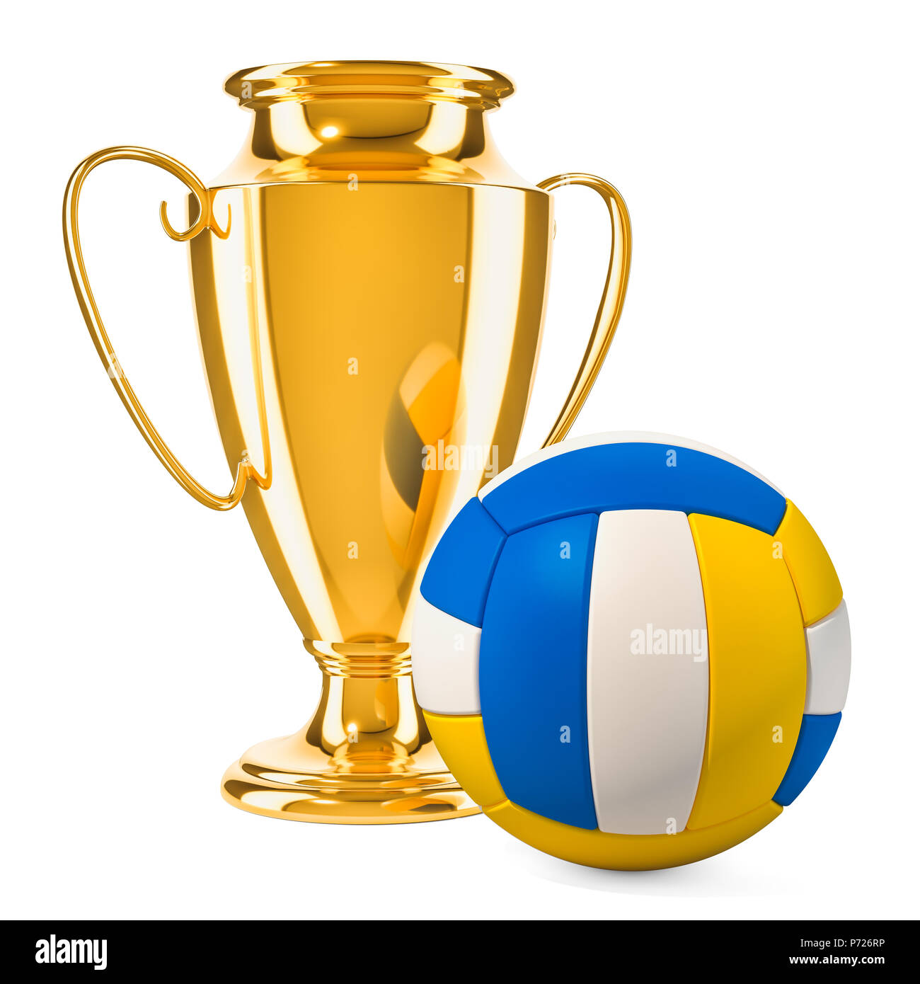 Gold trophy cup award with volleyball ball, 3D rendering isolated on
