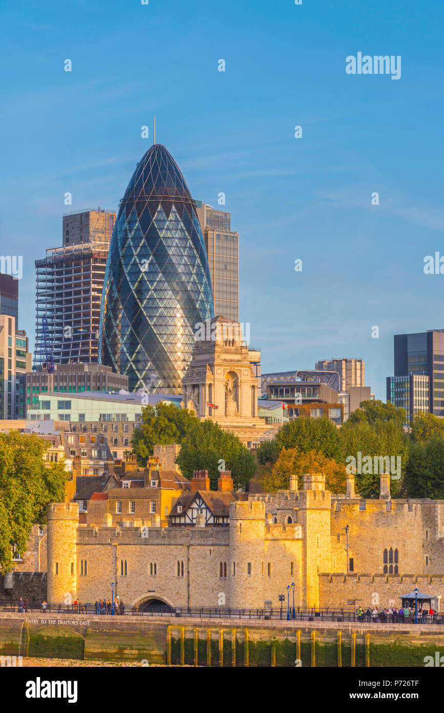 Tower of London, UNESCO World Heritage Site, and the Gherkin (30 St. Mary Axe), City of London, London, England, United Kingdom, Europe Stock Photo
