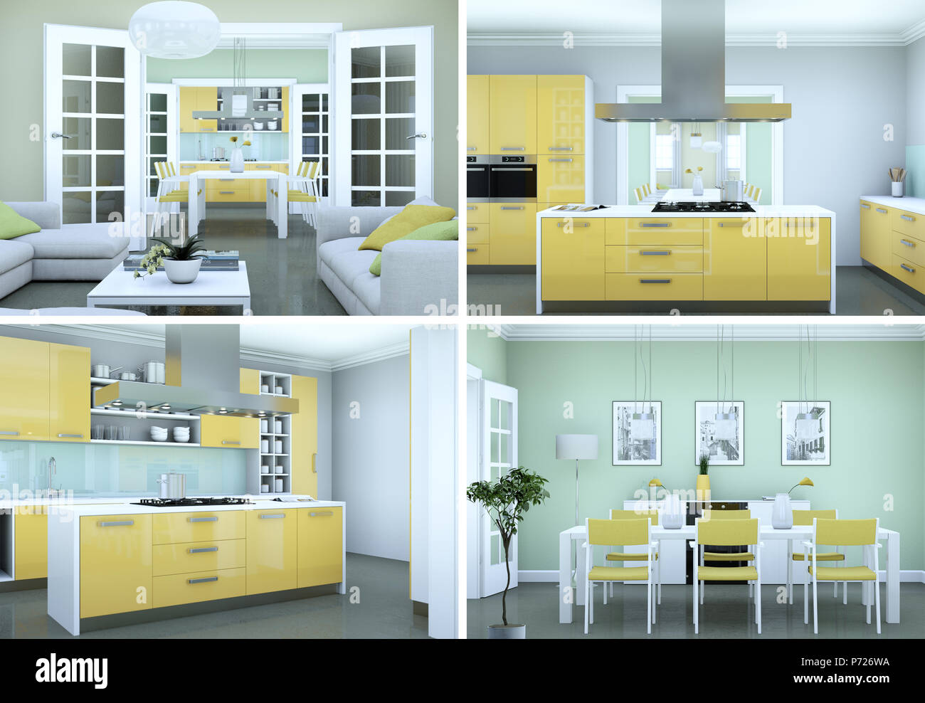Four views of modern interior loft design Stock Photo - Alamy