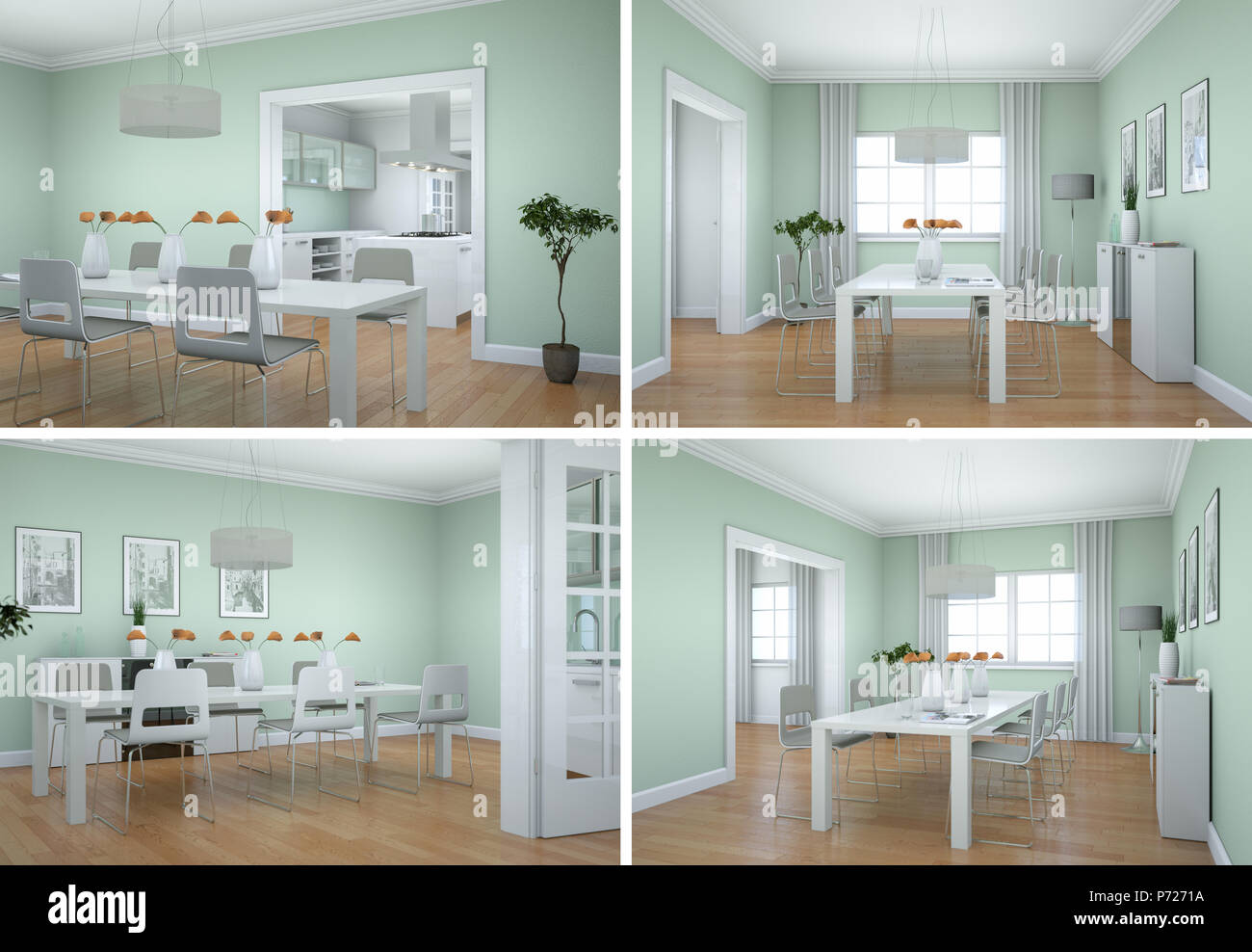Four views of dining room interior design in modern appartment Stock ...