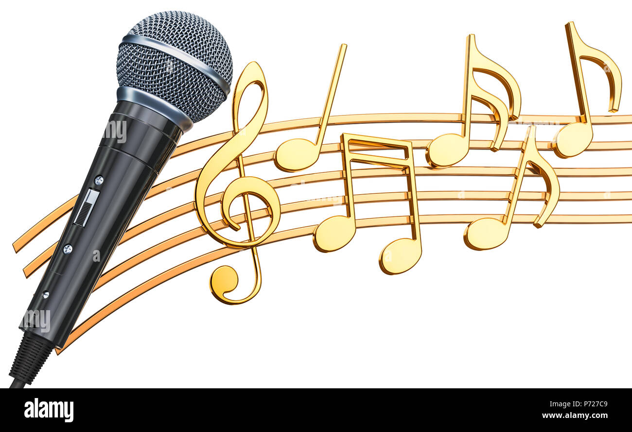 Musical concept. Microphone with music notes, 3d rendering isolated on