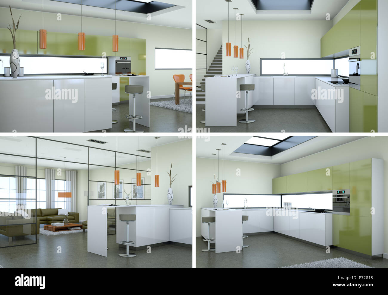 four views of modern kitchen with a beautiful design Stock Photo - Alamy