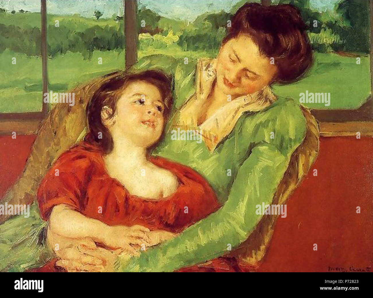 .  English: Reine Lefebre and Margot before a Window Français : Mère et enfant .  Mary Cassatt (1845–1926) exhibited a painting entitled Mère et enfant, 1903, in Oil, at the 1913 Armory Show. It was listed for sale at the show from New York 493, Gallery O, Durand-Ruel & Sons, $4,950 It has more recently been identified by the title Reine Lefebre and Margot before a Window (1902). Mary Cassatt: A Catalogue Raisonné of the Oils, Pastels, Watercolors, and Drawings, Washington: Smithsonian Institution Press, 1970 (164) identifies this painting as the one Cassatt exhibited for sale at the Armory Sh Stock Photo