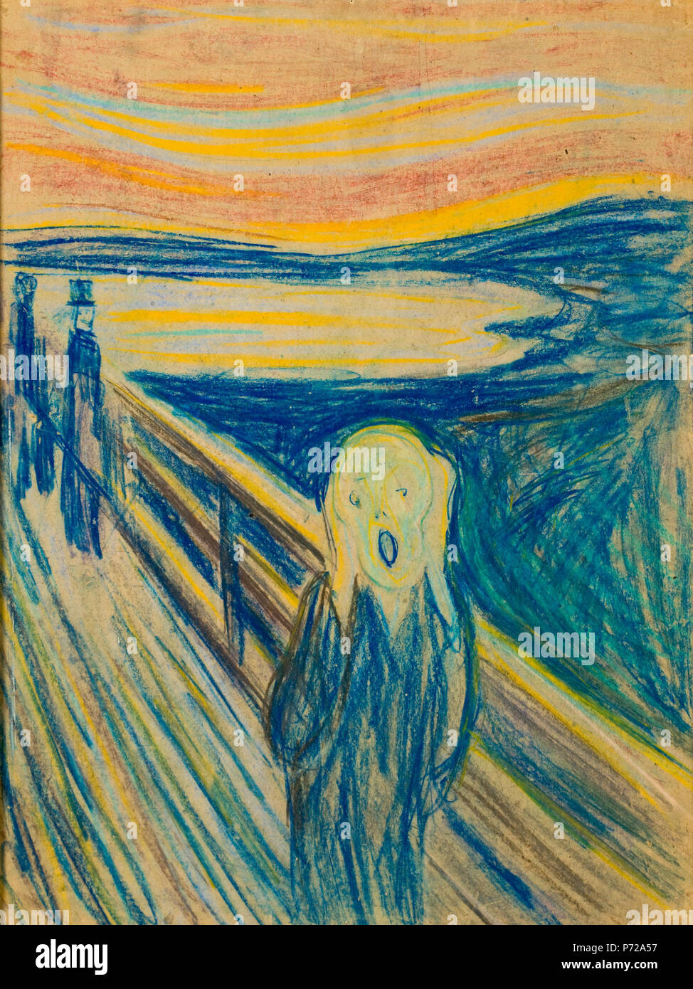 .  English: The Scream .  English: As the earliest version of 'The Scream', this pastel appears to be the sketch in which Munch mapped out the essentials of the composition. . 1893 46 Skrik 1893 Stock Photo