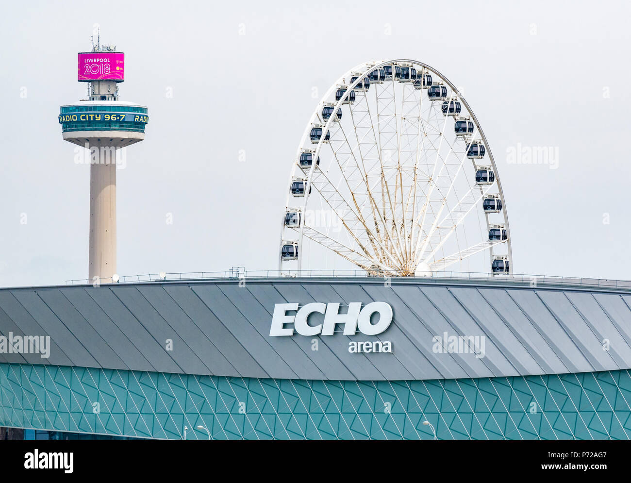 Echo Arena Liverpool, with ferris wheel the Liverpool Wheel and St John's Beacon tower, Radio City Tower, Liverpool, England, UK Stock Photo