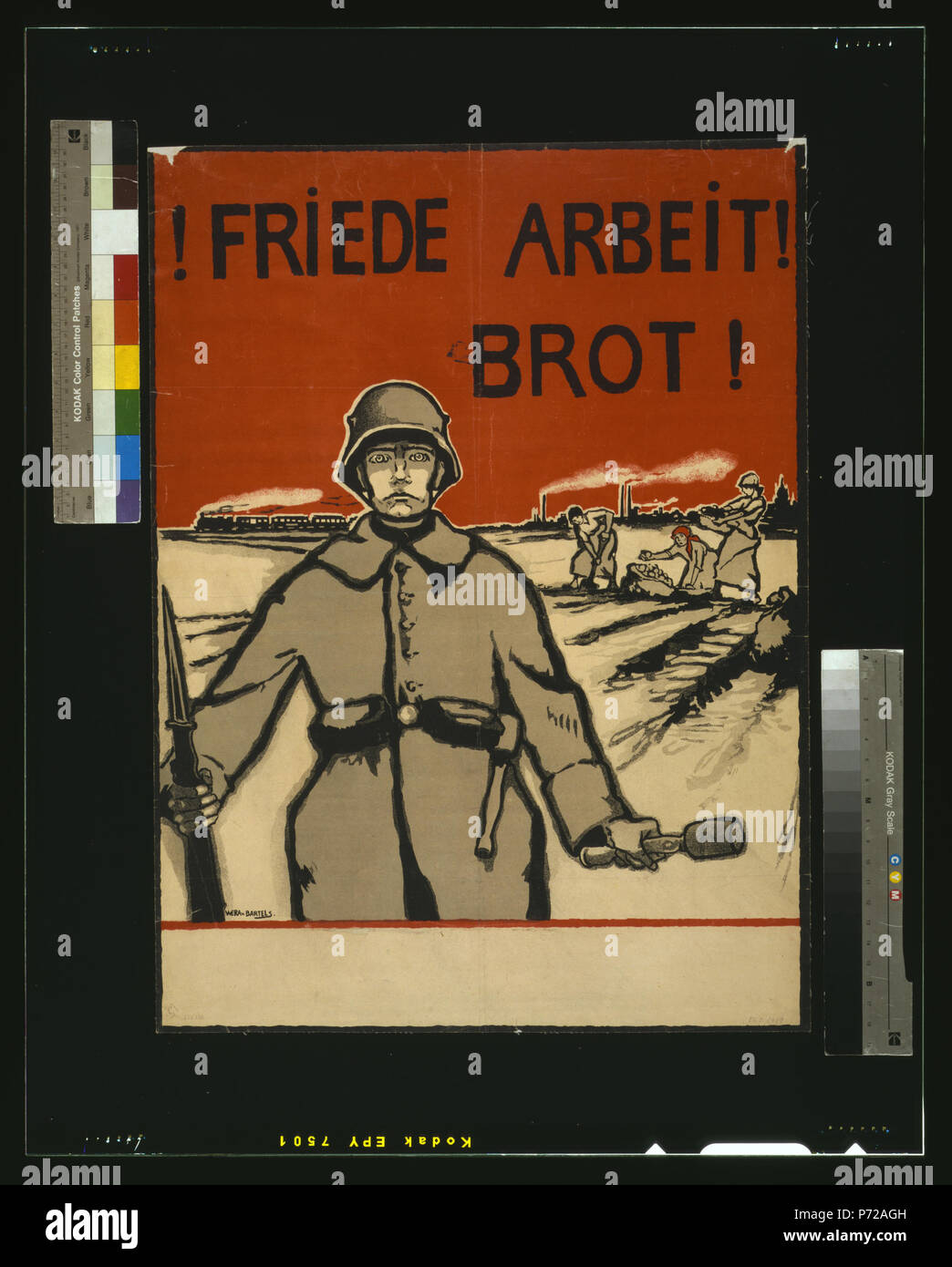English: Title: Friede, Arbeit, Brot! Abstract: Poster showing a soldier holding a rifle and a grenade. In the background are women harvesting potatoes, a train, and factory smoke stacks. Text reads: Peace, work, bread! Physical description: 1 print (poster) : lithograph, color ; 78 x 57 cm. Notes: Forms part of: Rehse-Archiv für Zeitgeschichte und Publizistik.; Hand-written on verso: aus Sammlung A. Wolf, Leipzig 26 Mai 1919 Bahnhof Kirchenlaibach. Pencilled on lower right corner verso the artists name: Vera v. Bartels 26.5.1919 in Rehse's hand on front lower margin.; Wera v. Bartels.; Title  Stock Photo