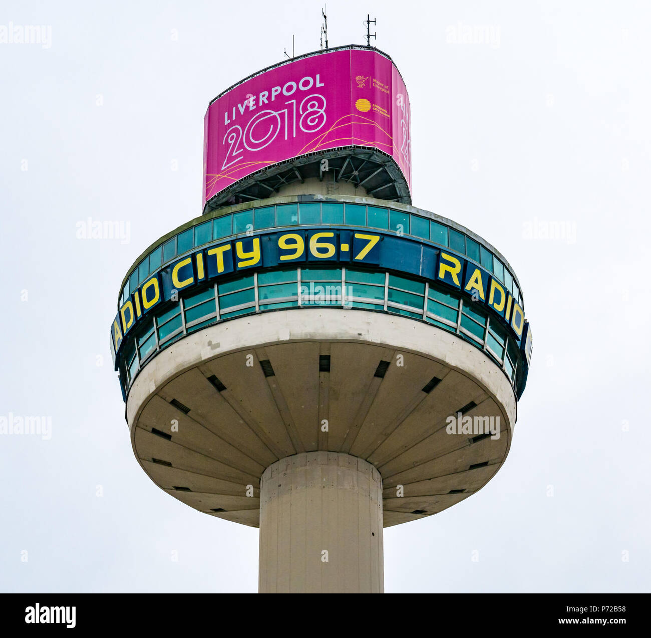 1960s concrete Radio City Tower, St Johns Beacon observation tower, with Liverpool 2018 banner, Liverpool, England, UK Stock Photo
