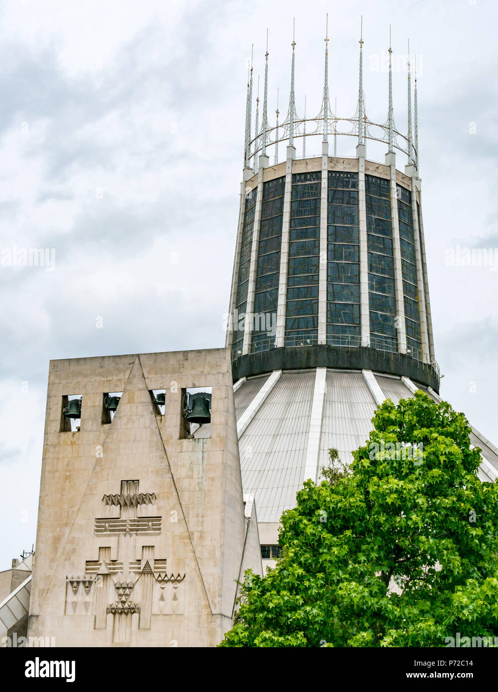 1960s spire and bells, Metropolitan Cathedral by Frederick Gibberd , Liverpool, England, UK Stock Photo