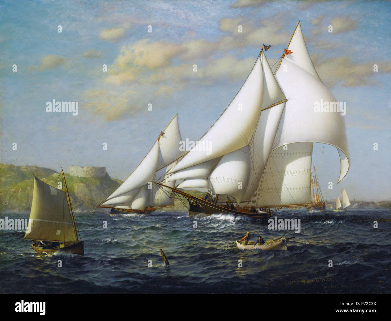 English: New York Yacht Club racing boats in New York Harbor oil on canvas 76.5 x 102 cm signed b.r.: James G. Tyler / New York 1884  . 1884 169 New York Yacht Club racing boats in New York Harbor, by James Gale Tyler Stock Photo