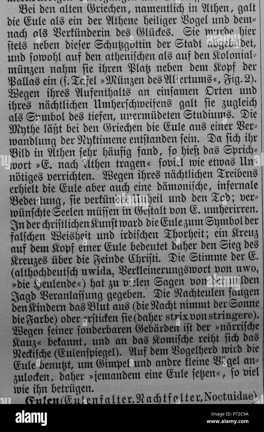 'Eule, Symbolik' Deutsch: Meyers Konversations-Lexikon 5. Auflage (1897), 'Fünfter Band' . 1897 (Upload 2012-12-23) 31 Eule-2 Stock Photo