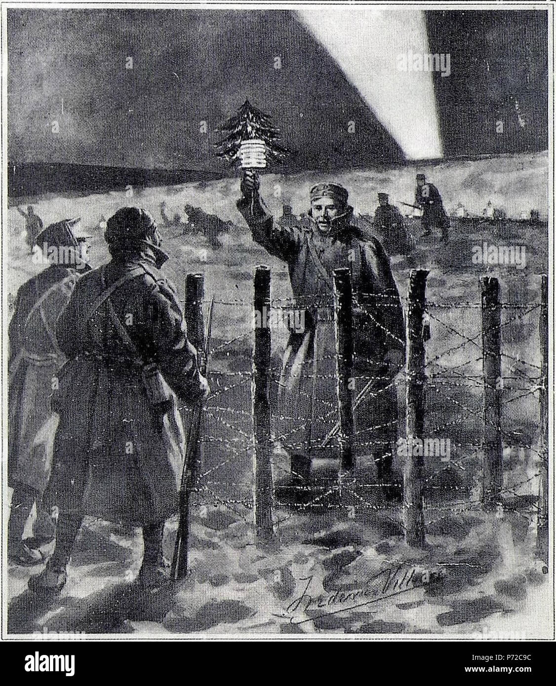English: A depiction of the 1914 Christmas truce published on the front page of the Illustrated 