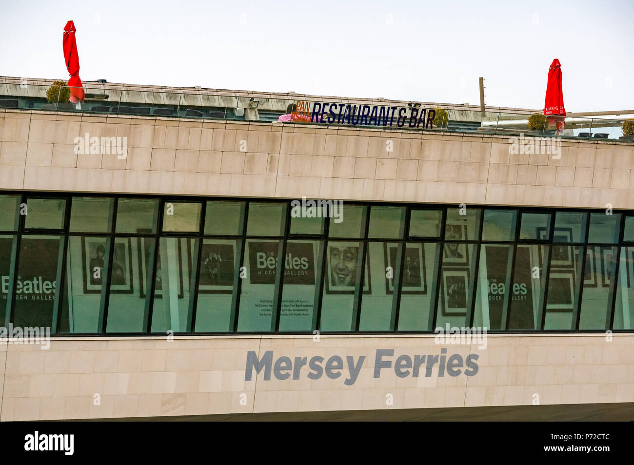 Close up view Mersey River Ferries terminal with rooftop cafe, Pier Head, Liverpool, England, UK Stock Photo