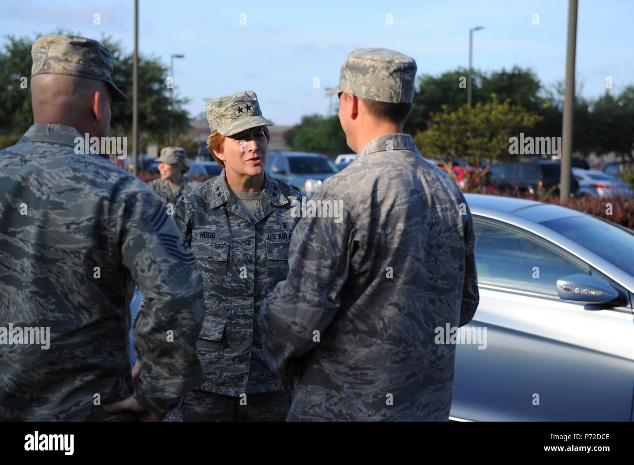 Maj. Gen. Dorothy Hogg, Deputy Surgeon General and Chief of the Air Force Nurse Corps with the Office of the Surgeon General, Headquarters U.S. Air Force, is greeted as she arrives at the 1st Special Operations Medical Group at Hurlburt Field, Fla., May 11, 2017. Gen. Hogg visited the 1st SOMDG to get a hands-on understanding of the mission, accomplishments and future of the organization. Stock Photo