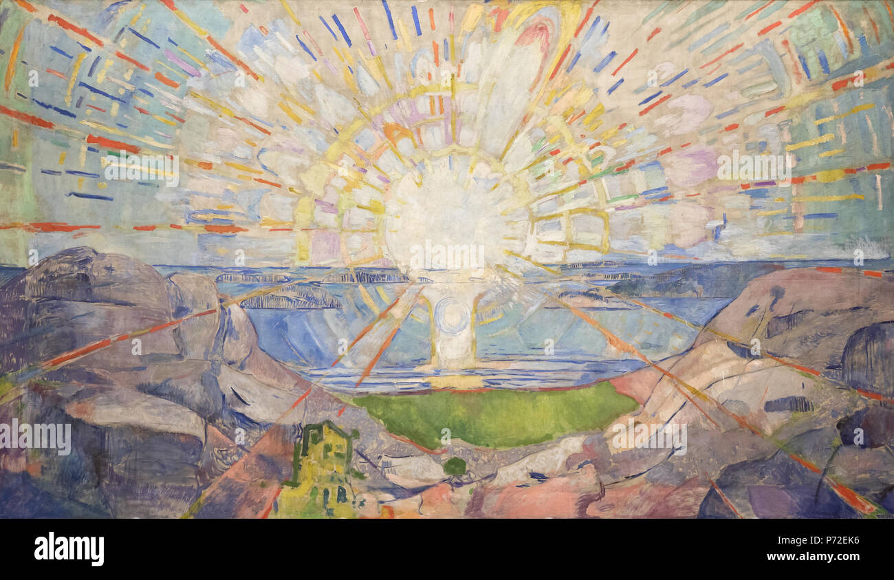.  Norsk bokmål: Solen English: The Sun .  English: Solen is one of several paintings by Edvard Munch that can be seen on the walls inside the Hall of Ceremonies at the University of Oslo. The paintings were made in the period 1909-1916, and the painter died in January 1944. Norsk nynorsk: Solen er eit av fleire maleri av Edvard Munch som kan synast på veggane i Aulaen hjå Universitetet i Oslo. Maleria vart skapt i perioden 1909 til 1916. . 1911 47 Solen av Edvard Munch Stock Photo