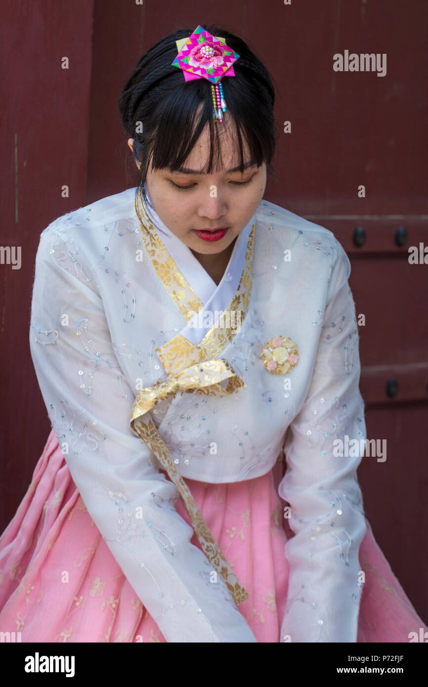 Seoul May 10 Korean Woman Wearing Hanbok Dress In Seoul Korea