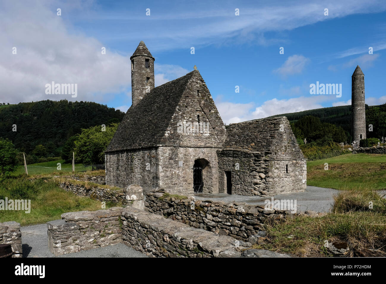 St. Kevin's Church (St. Kevin's Kitchen), a nave-and-chancel church of the 12th century, Glendalough, County Wicklow, Leinster, Republic of Ireland Stock Photo