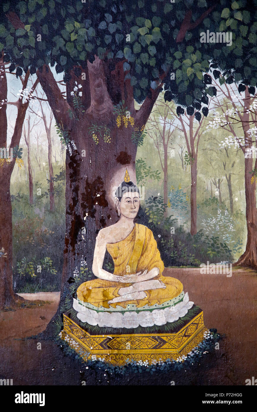 Fresco depicting Buddha meditating under a tree in a scene of the Buddha's life in Wat Phra Doi Suthep, Chiang Mai, Thailand, Southeast Asia, Asia Stock Photo