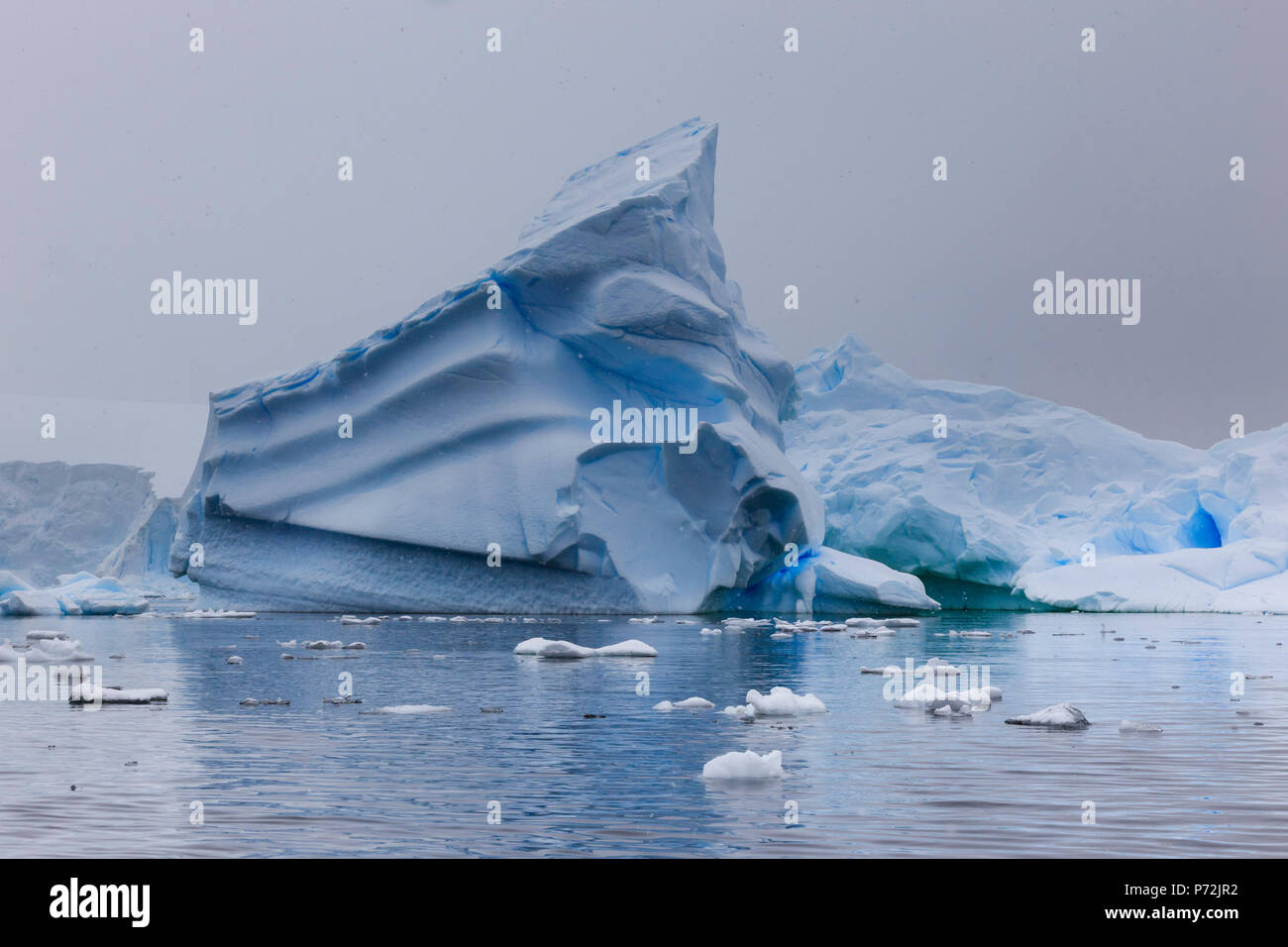 Blue icebergs in snowy weather, from sea level, Waterboat Point, Paradise Bay, Graham Land, Antarctic Peninsula, Antarctica, Polar Regions Stock Photo