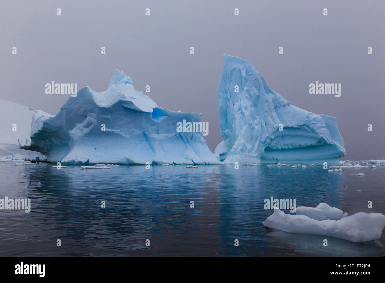Blue icebergs in snowy weather, from sea level, Waterboat Point, Paradise Bay, Graham Land, Antarctic Peninsula, Antarctica, Polar Regions Stock Photo