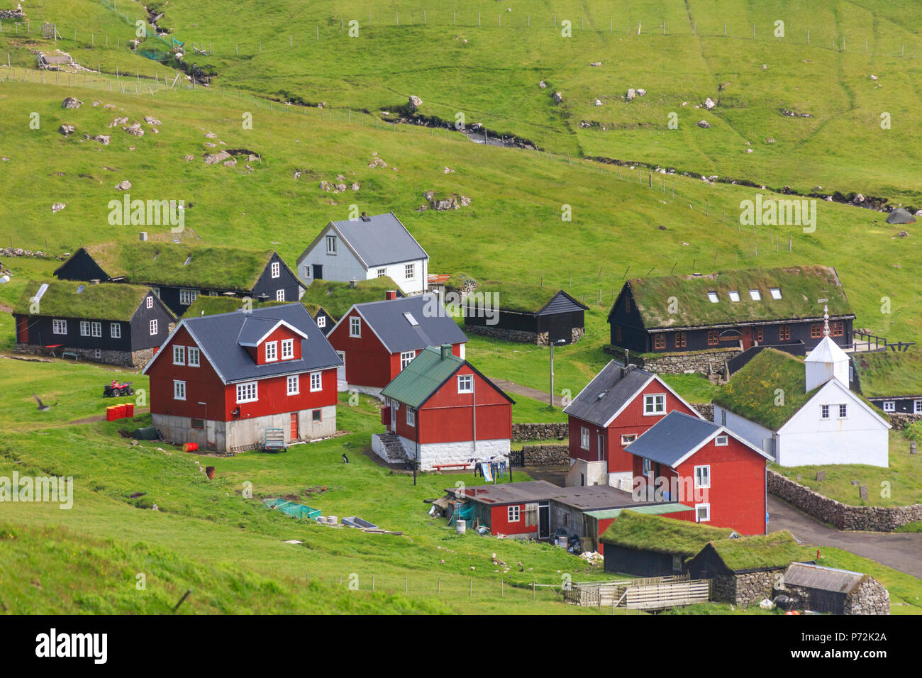 Traditional village of Mykines, Mykines Island, Faroe Islands, Denmark, Europe Stock Photo