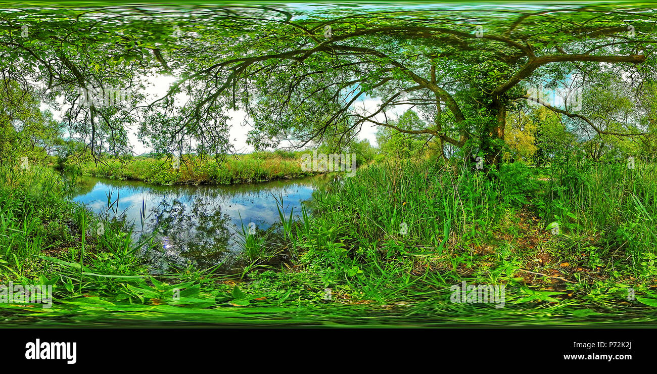 River Itchen at Winnal Moors Nature Reserve, 360 Spherical (Equirectangular) panorama Stock Photo