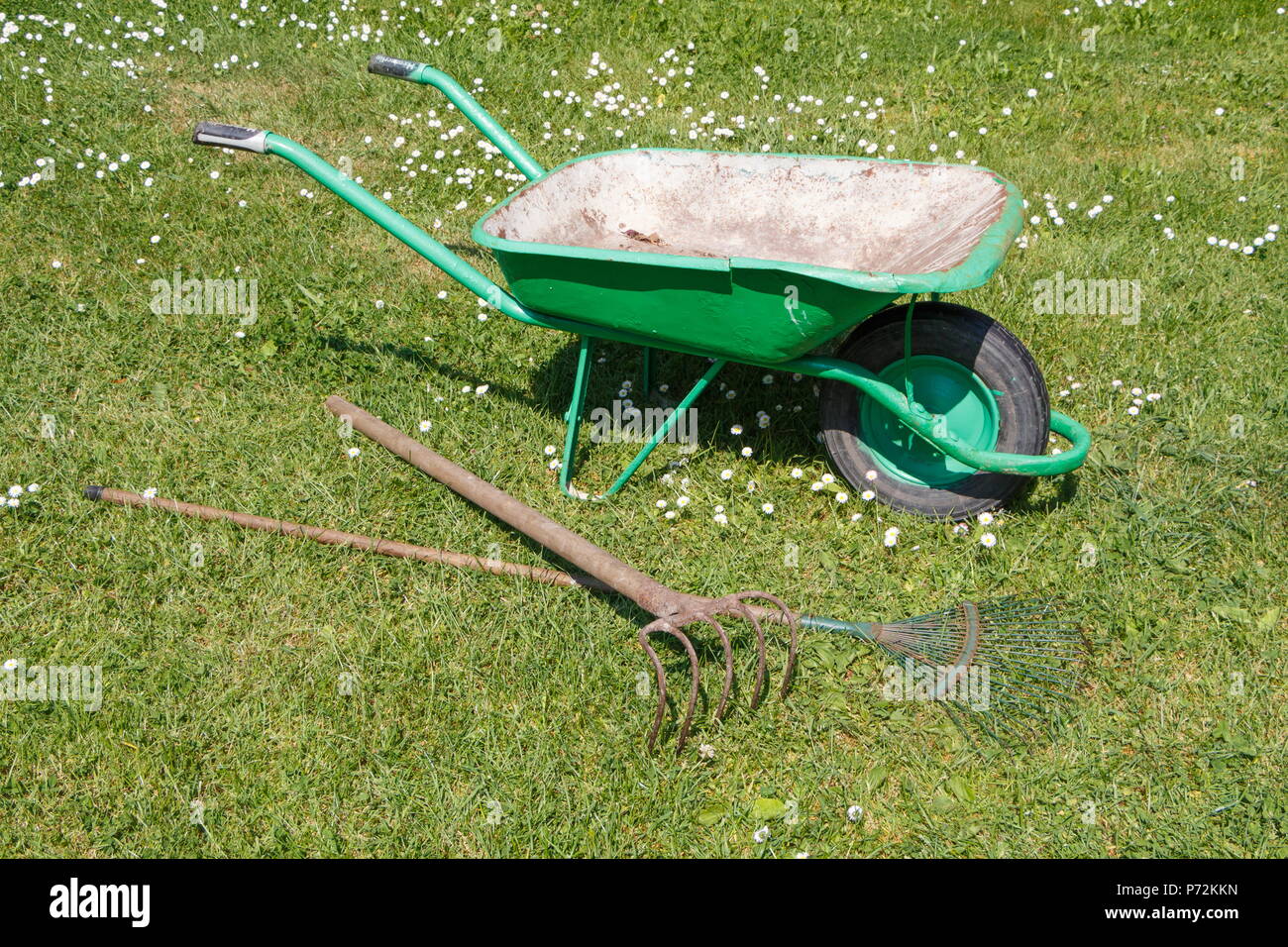 Green wheelbarrow with lawn rake and claw cultivator for cleaning of a garden Stock Photo