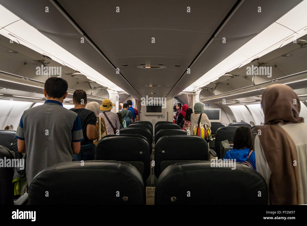 Istanbul, Turkey - June 2018: inside of Turkish airlines aircraft.   Turkish airlines is the national flag carrier airline of Turkey Stock Photo