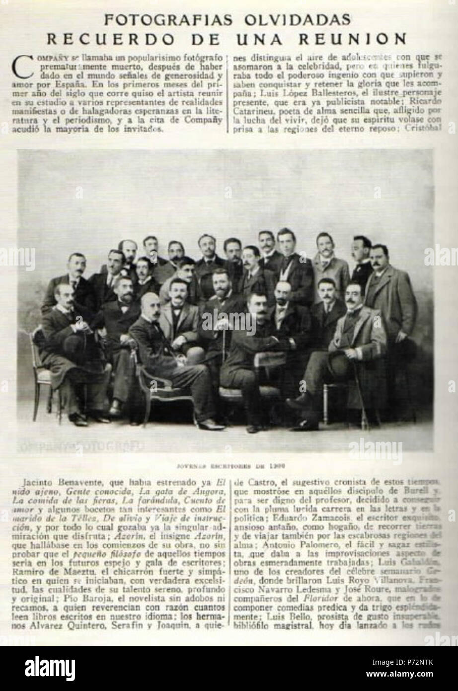 Español: Grupo de escritores en el estudio del fotógrafo Company en marzo de 1900. Entre otros figuran Jacinto Benavente, Azorín, Ramiro de Maeztu, Pío Baroja, Joaquín y Serafín Álvarez Quintero, Luis López-Ballesteros, Ricardo J. Catarineu, Cristóbal de Castro, Eduardo Zamacois, Antonio Palomero y Luis Bello . 10 March 2015, 19:43:00 63 Writers group photograph March 1900 (photographer Company) Stock Photo