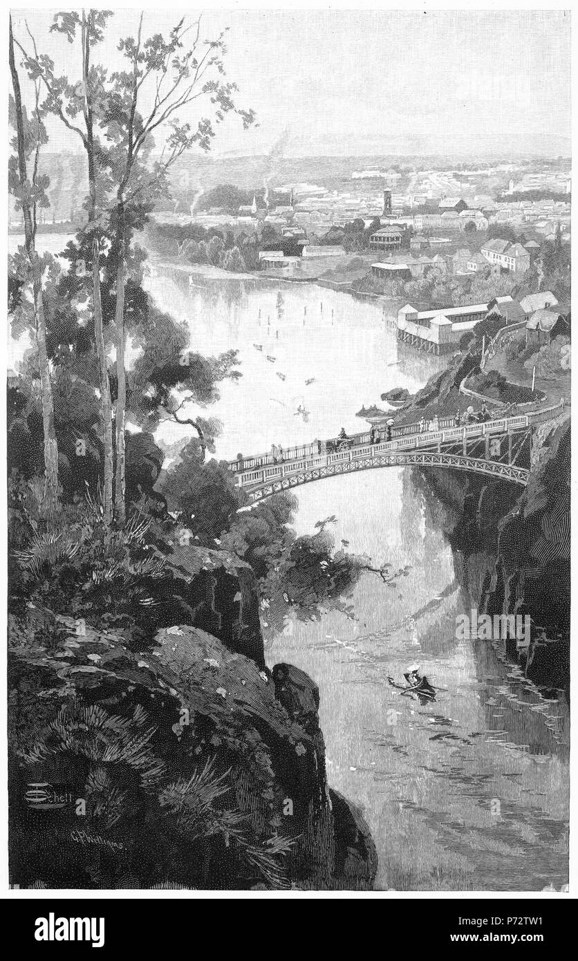 Engraving of the city of Launceston from the Cataract Bridge, Tasmania, Australia, circa 1880. From the Picturesque Atlas of Australasia Vol 2, 1886 Stock Photo