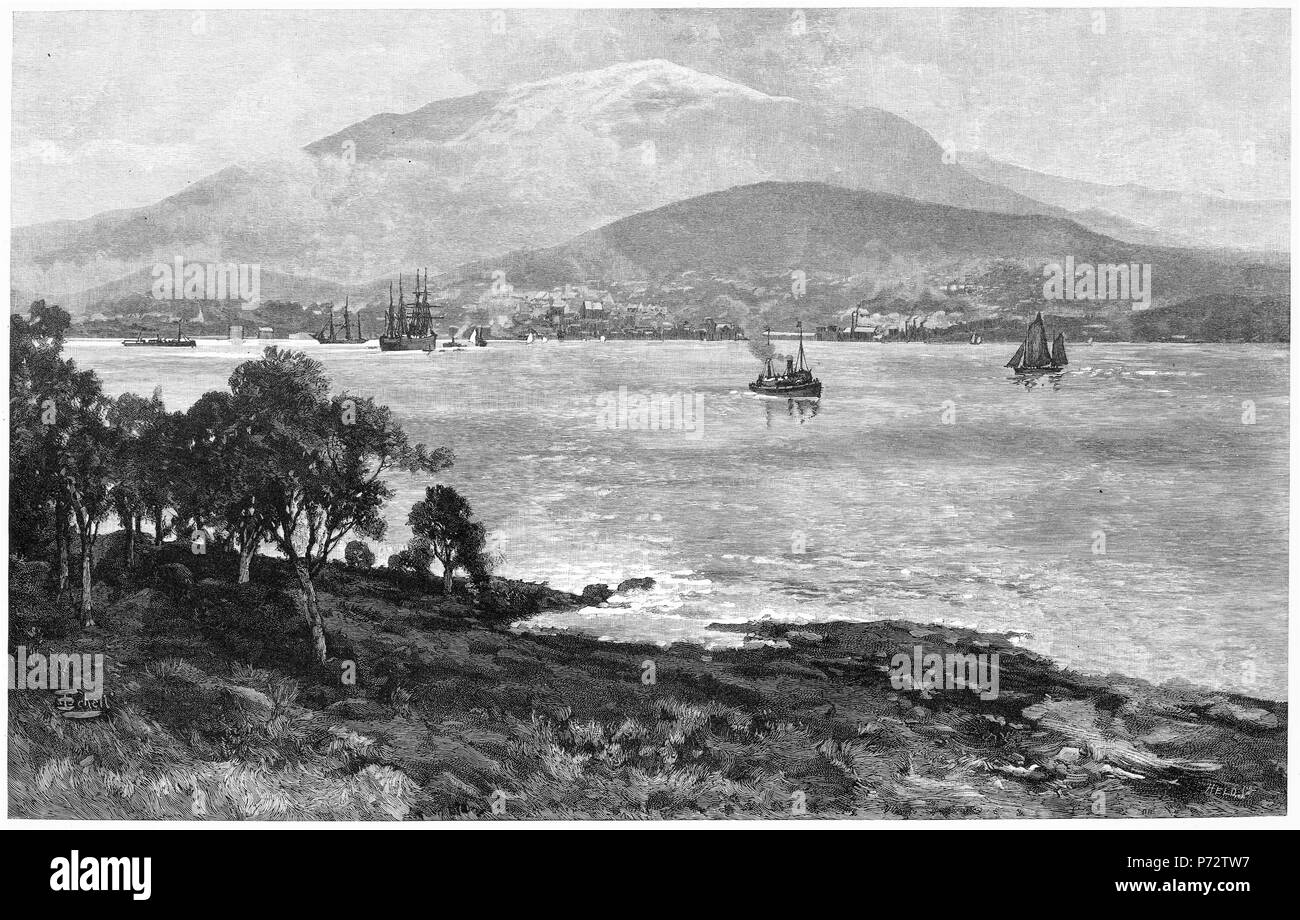 Engraving of Hobart, the capital city of Tasmania, , Australia, from Kanagroo Point, circa 1880. From the Picturesque Atlas of Australasia Vol 2, 1886 Stock Photo