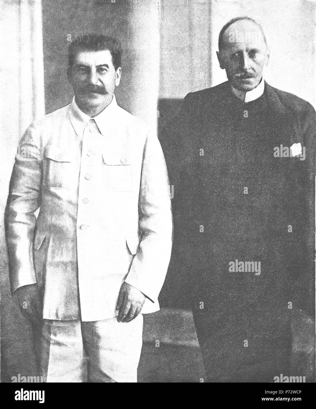 English: Photo date: Jun 28 1935. Joseph Stalin, General Secretary of the Communist Party and French author and Nobel laureate Romain Rolland. Romain Rolland will write to Stalin in 1937 seeking clemency for Nikolai Bukharin, arguing that 'an intellect like that of Bukharin is a treasure for his country.' He compared Bukharin's situation to that of the great chemist Antoine Lavoisier who was guillotined during the French Revolution: 'We in France, the most ardent revolutionaries... still profoundly grieve and regret what we did. ... I beg you to show clemency. 30 July 1935 4 Joseph Stalin and  Stock Photo