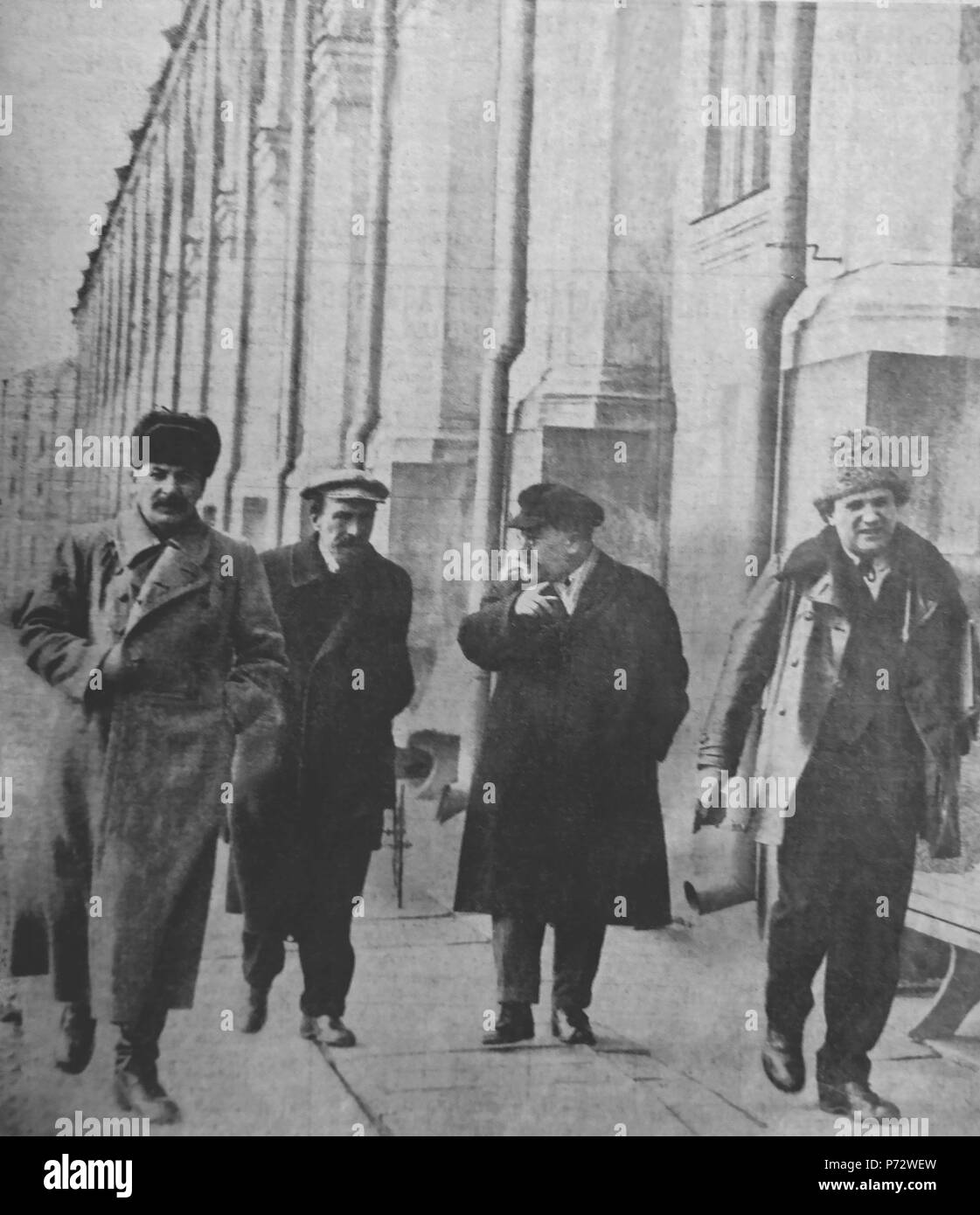 English: The photo shows the leadership of USSR Apr 1925. On the photo taken in Kremlin: Joseph Stalin, General Secretary of the Communist Party. Alexei Rykov, Chairman of the Council of People's Commissars (Prime Minister). Lev Kamenev, Deputy Chairman of the Council of People's Commissars (Deputy Prime Minister). Grigory Zinoviev, Chairman of the Comintern's Executive Committee. Context: following Lenin’s death in Jan 1924, the Soviet leaders started the factional war within the one party state headed by the Communist (Bolsheviks) party. The period ended by 1929 when Joseph Stalin became de- Stock Photo