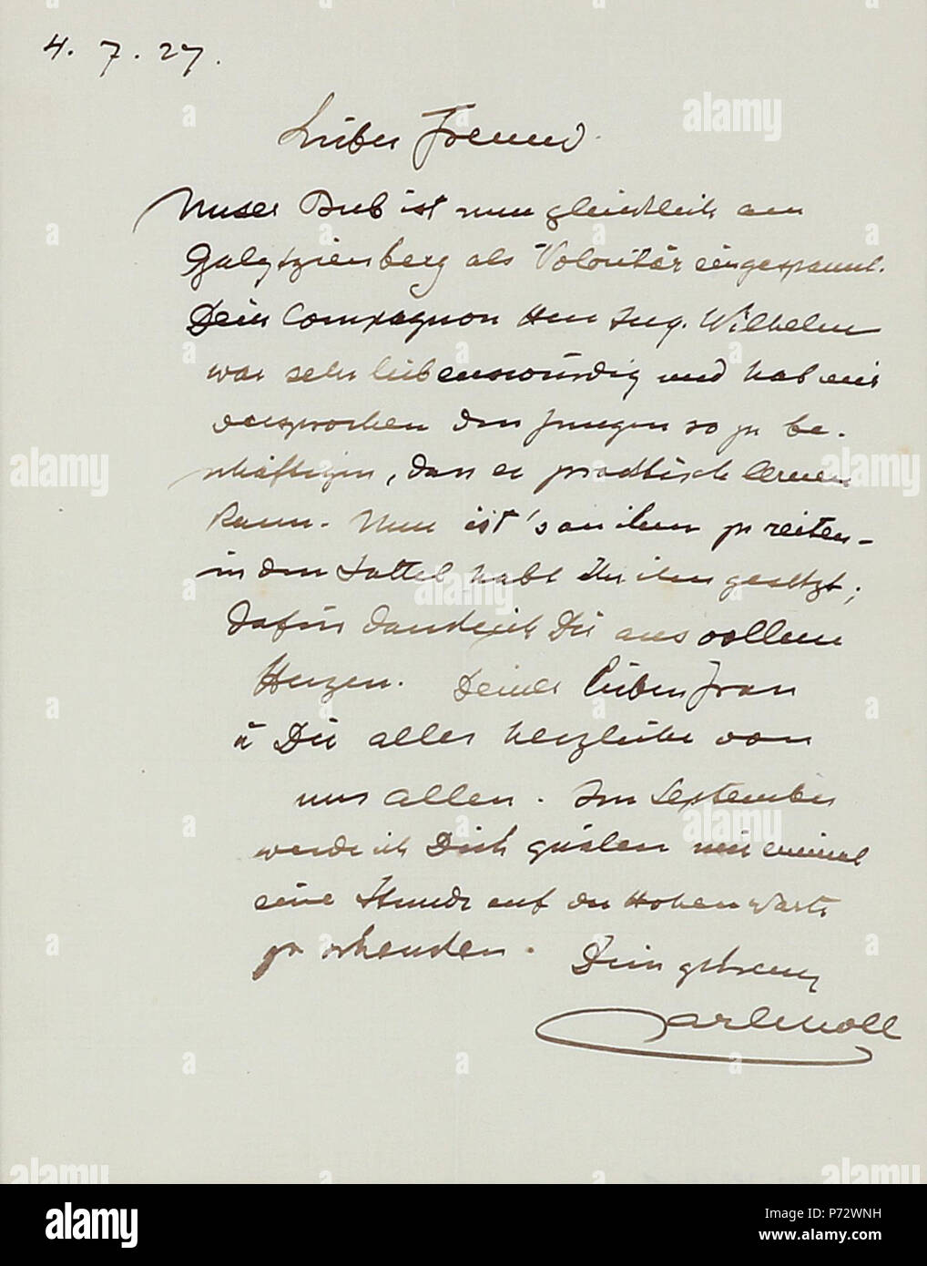 Deutsch: Brief von Carl Moll, 4. Juli 1927, 'Lieber Freund. Unser Bub ist  nun glücklich am Galitzinberg als Volontär eingespannt. Dein Compagnon Herr  Ing. Wilhelm war sehr liebenswürdig und hat mir versprochen