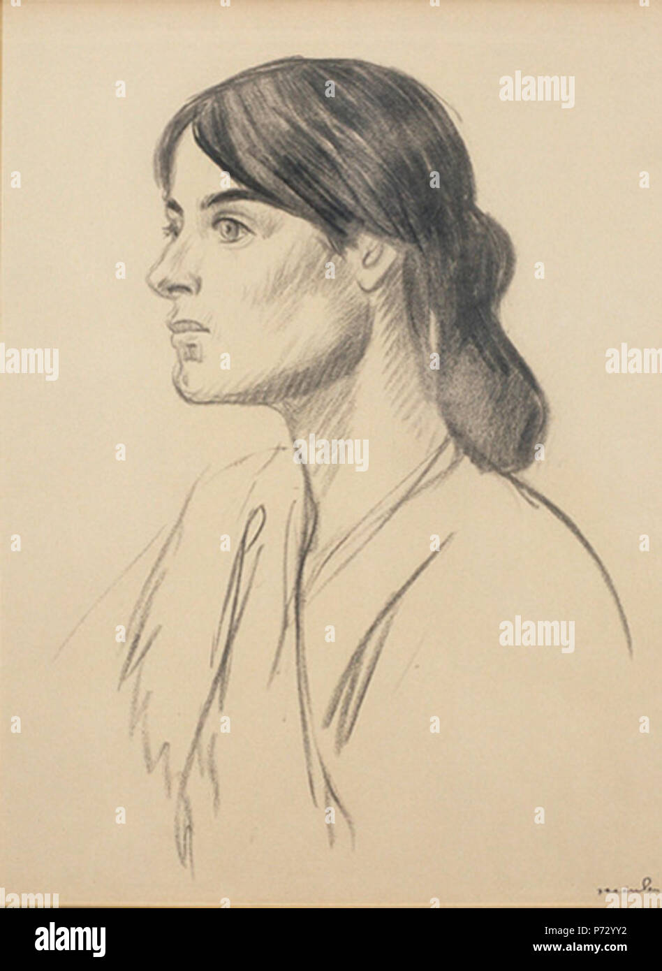 Portrait drawing of Suzanne Valadon by Théophile-Alexandre Steinlen (1859-1923). Gray crayon on beige paper, 62 x 46 cm. Not dated. From Valadon's age, probably 1880s to mid 1890s. 224 Valadon by Steinlen Stock Photo