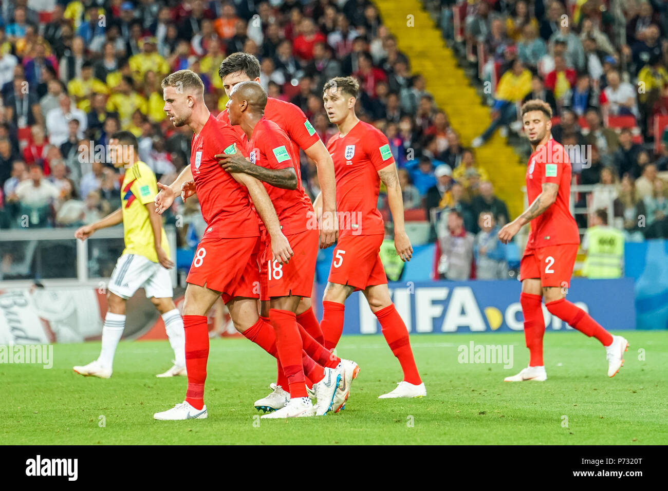 Moscow, Russia. July 03, 2018: Players holding Jordan Henderson of England back after Jordan Pickford of England shouted after him.at Spartak Stadium during the round of 16 match between England and Colombia during the 2018 World Cup. Ulrik Pedersen/CSM Credit: Cal Sport Media/Alamy Live News Stock Photo