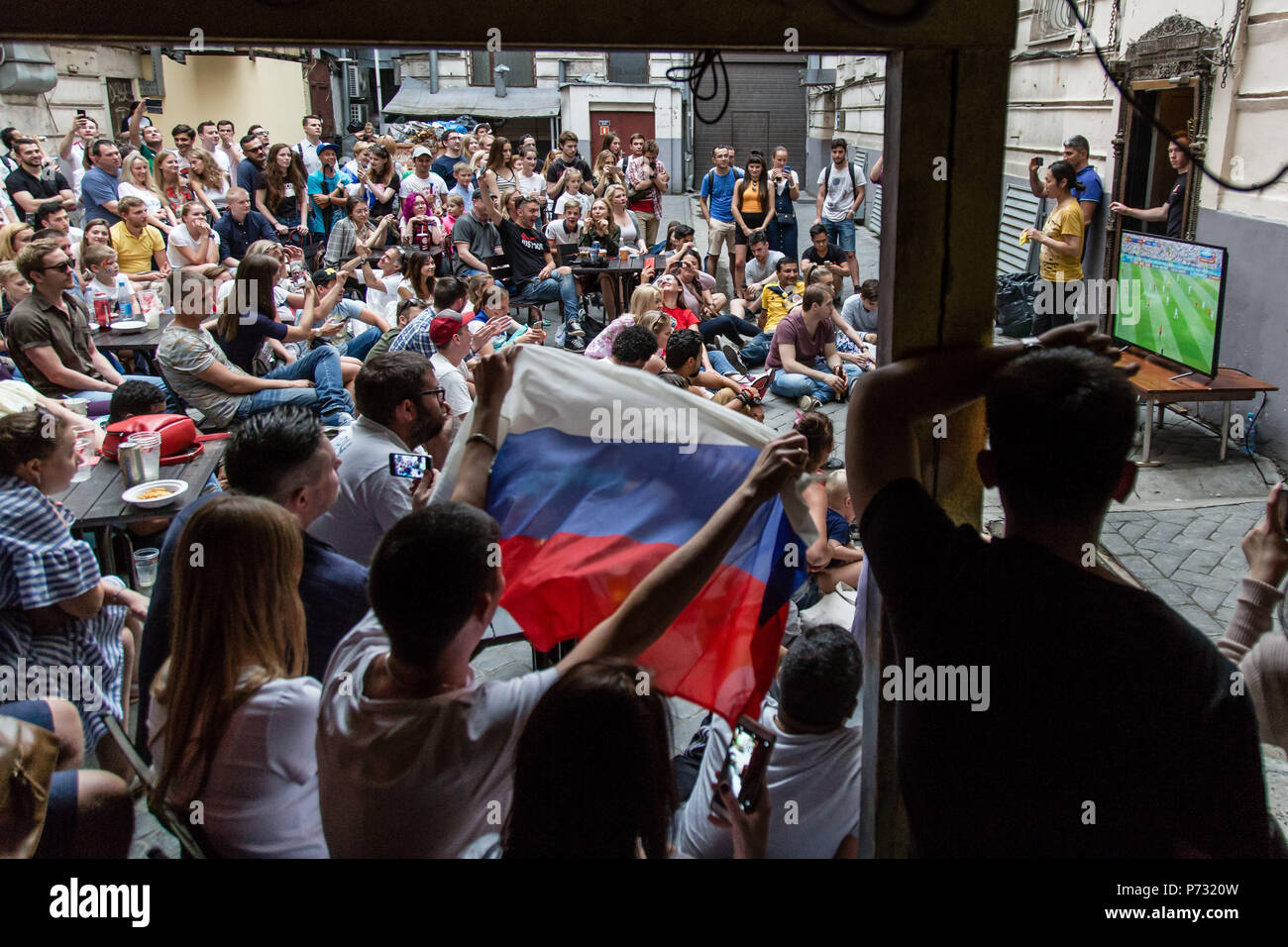 Moscow, Russia. 1st July, 2018. Russian fans watching the Spain vs Russia match in the fan zone.The FIFA World Cup 2018 is the 21st FIFA World Cup which starts on 14 June and ends on 15 July 2018 in Russia. Credit: Victor Kruchinin/SOPA Images/ZUMA Wire/Alamy Live News Stock Photo