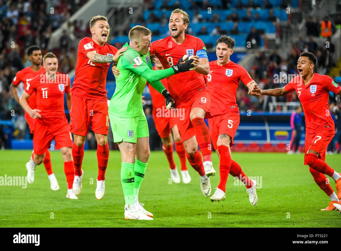 Moscow, Russia. July 03, 2018: Jordan Pickford of England, Kieran Trippier of England and Harry Kane of England celebrating the win.at Spartak Stadium during the round of 16 match between England and Colombia during the 2018 World Cup. Ulrik Pedersen/CSM Credit: Cal Sport Media/Alamy Live News Stock Photo