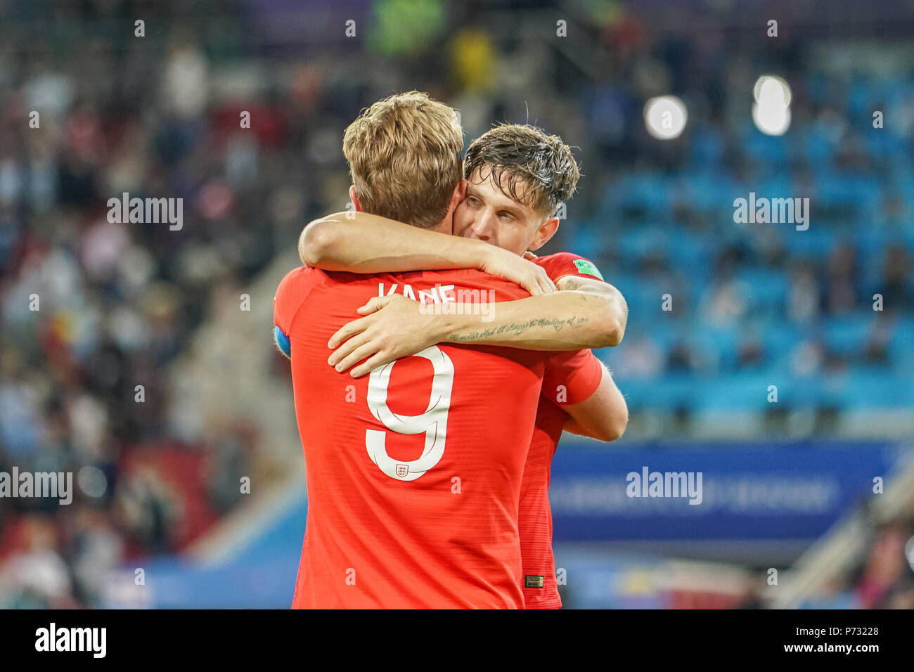 Moscow, Russia. July 03, 2018: John Stones of England and Harry Kane of England celebrating the victory.at Spartak Stadium during the round of 16 match between England and Colombia during the 2018 World Cup. Ulrik Pedersen/CSM Credit: Cal Sport Media/Alamy Live News Stock Photo