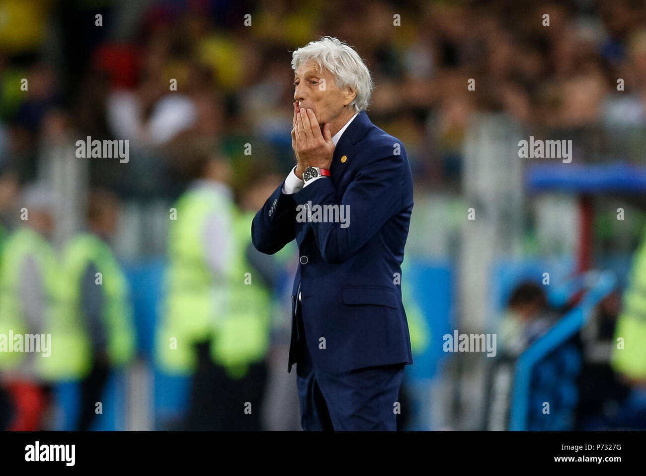 Moscow, Russia. 3rd July, 2018. Colombia Manager Jose Pekerman looks dejected during the 2018 FIFA World Cup Round of 16 match between Colombia and England at Spartak Stadium on July 3rd 2018 in Moscow, Russia.Credit: PHC Images/Alamy Live News Stock Photo