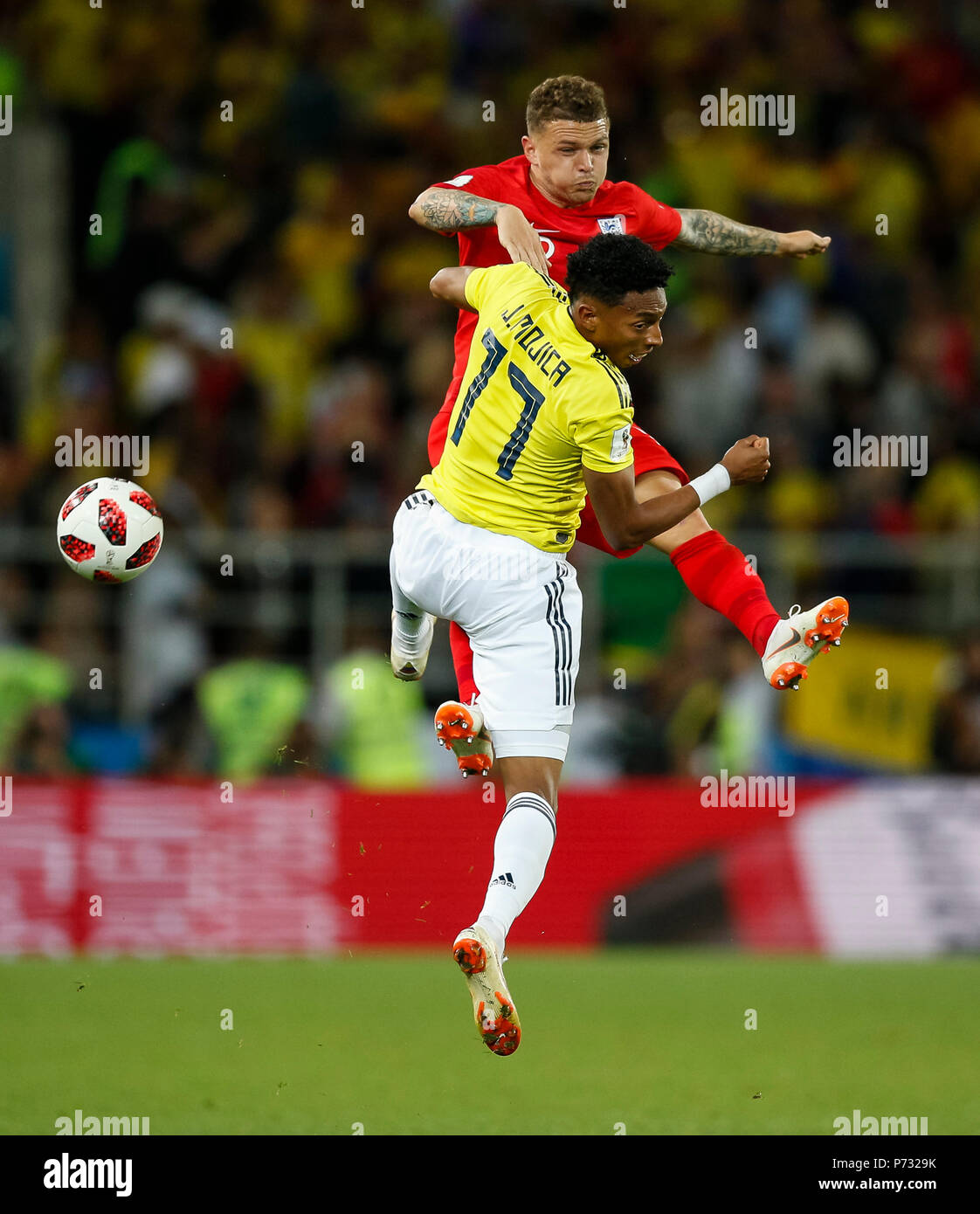 Moscow, Russia. 3rd July, 2018. Johan Mojica of Colombia and Kieran Trippier of England during the 2018 FIFA World Cup Round of 16 match between Colombia and England at Spartak Stadium on July 3rd 2018 in Moscow, Russia.Credit: PHC Images/Alamy Live News Stock Photo