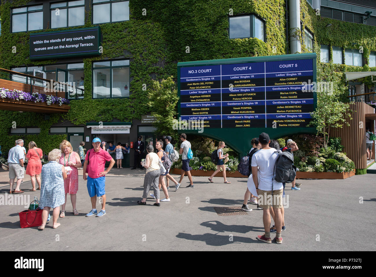 London, UK. 3rd July, 2018. An electronic score board on the grounds of the The All England Lawn Tennis and Croquet Club during the Wimbledon Tennis Championships 2018, Day 2. London, United Kingdom, 03 July 2018 Credit: Raymond Tang/Alamy Live News Stock Photo