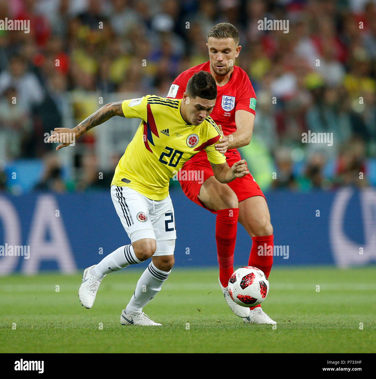 Moscow, Russia. 3rd July, 2018. Jordan Henderson of England and Juan Quintero of Colombia during the 2018 FIFA World Cup Round of 16 match between Colombia and England at Spartak Stadium on July 3rd 2018 in Moscow, Russia.Credit: PHC Images/Alamy Live News Stock Photo