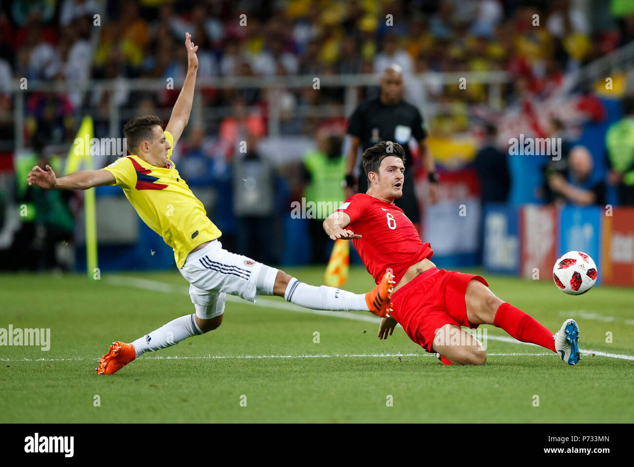 Moscow, Russia. 3rd July, 2018. Santiago Arias of Colombia and Harry Maguire of England during the 2018 FIFA World Cup Round of 16 match between Colombia and England at Spartak Stadium on July 3rd 2018 in Moscow, Russia.Credit: PHC Images/Alamy Live News Stock Photo