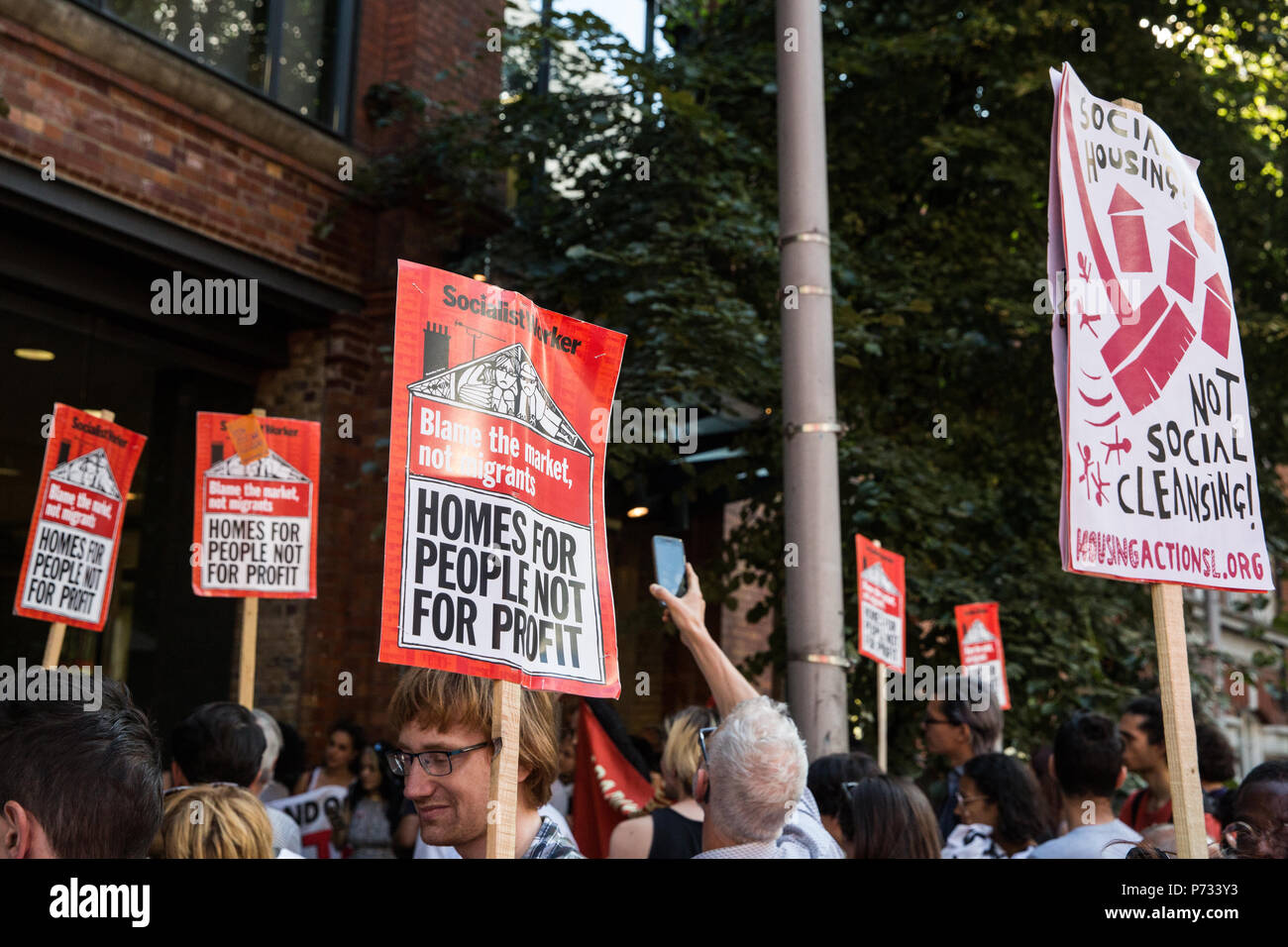 London, UK. 3rd July, 2018. Campaigners for social housing and against social cleansing, including students from UAL, protest outside the offices of Southwark Council on the occasion of a vote by Southwark Council Planning Committee on the Delancey UAL development plan. The development plan, criticised by critics would replace the Elephant and Castle shopping centre, a focal point for London's Latin American community, with luxury housing and a new building for UAL’s London College of Communication (LCC). Credit: Mark Kerrison/Alamy Live News Stock Photo