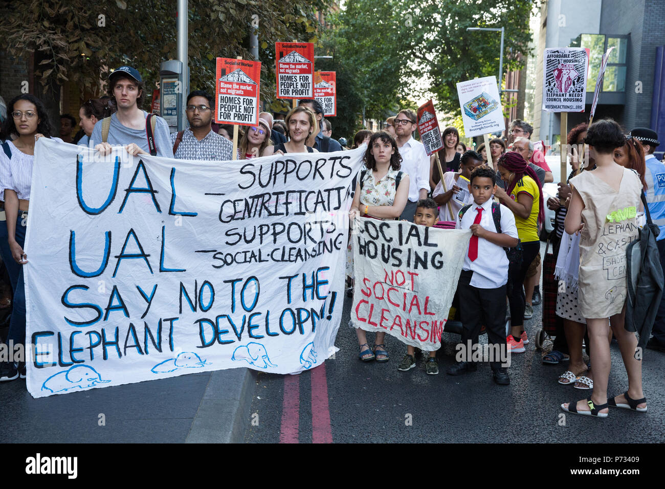London, UK. 3rd July, 2018. Campaigners for social housing and against social cleansing, including students from UAL, protest outside the offices of Southwark Council on the occasion of a vote by Southwark Council Planning Committee on the Delancey UAL development plan. The development plan, criticised by critics would replace the Elephant and Castle shopping centre, a focal point for London's Latin American community, with luxury housing and a new building for UAL’s London College of Communication (LCC). Credit: Mark Kerrison/Alamy Live News Stock Photo