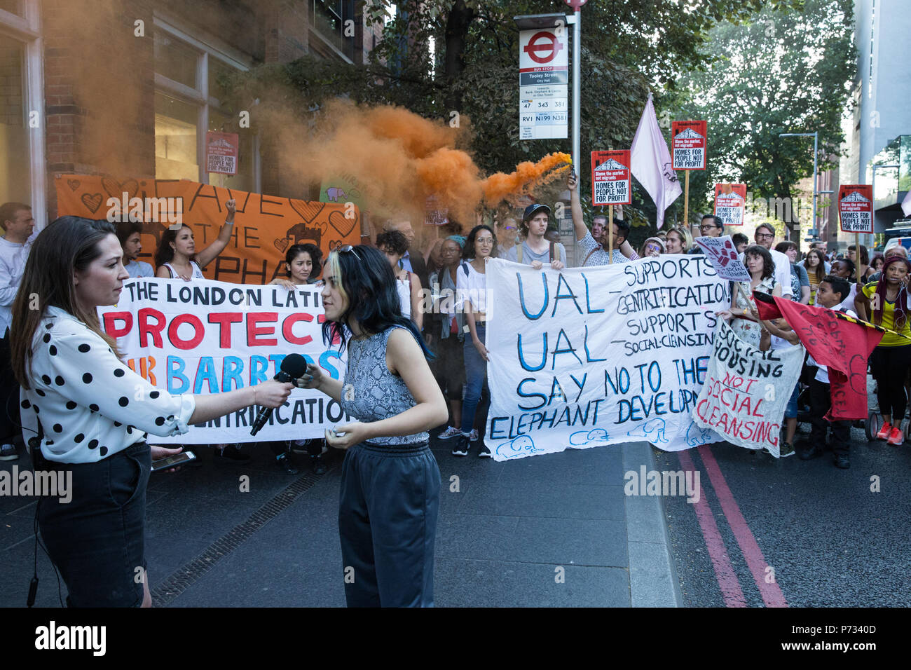 London, UK. 3rd July, 2018. Sahaya James, Campaigns Officer at Arts SU and National Campaign Against Fees and Cuts national committee member, is interviewed at a protest by campaigners against social cleansing, including students from UAL, outside the offices of Southwark Council on the occasion of a vote by Southwark Council Planning Committee on the Delancey UAL development plan. Credit: Mark Kerrison/Alamy Live News Stock Photo