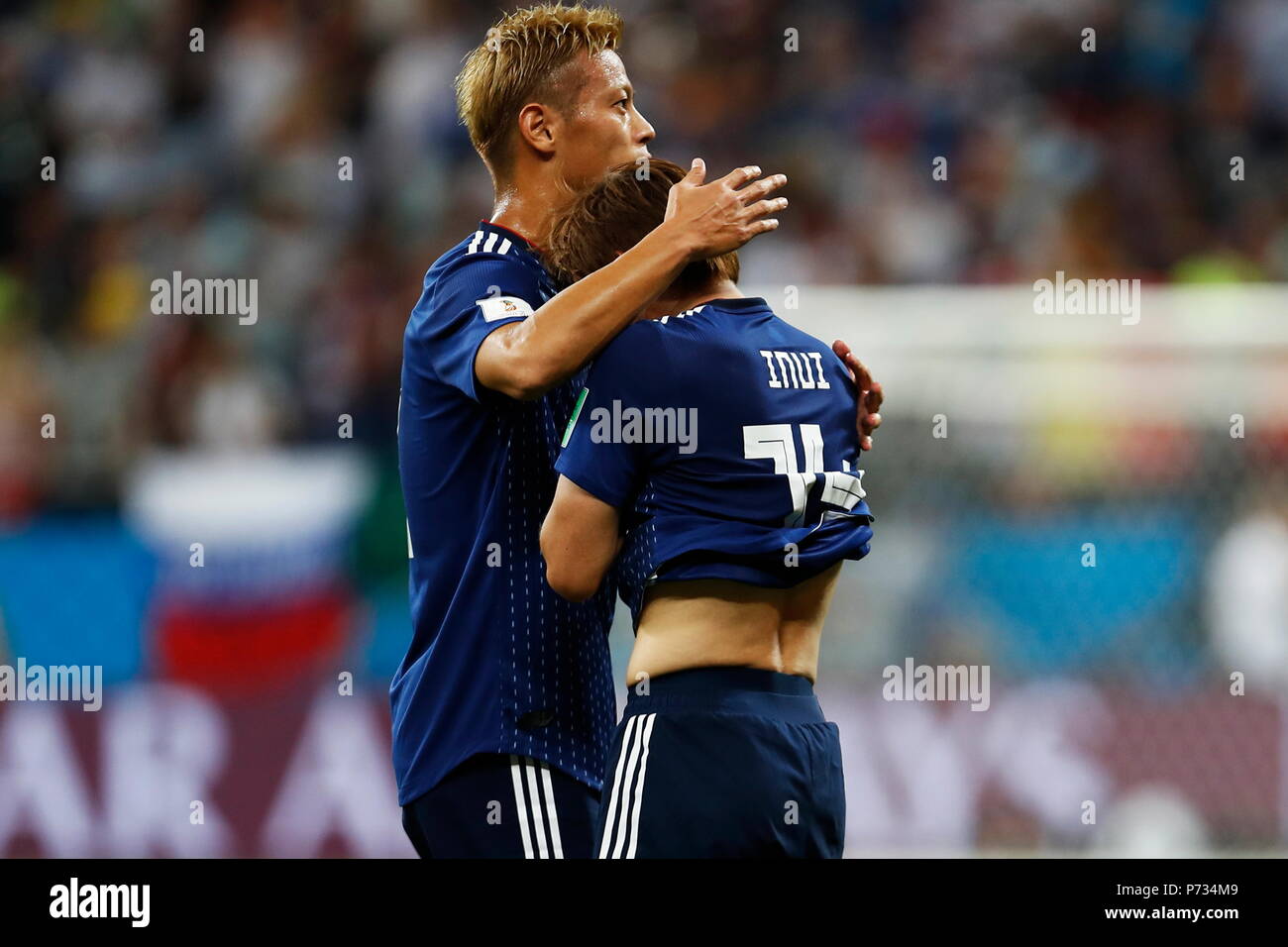 Rostov On Don, Russia. 2nd July, 2018. (L-R) Keisuke Honda, Takashi Inui (JPN) Football/Soccer : Honda and Inui dejected after loosing FIFA World Cup Russia 2018 match between Belgium 3-2 Japan at the Rostov Arena in Rostov On Don, Russia . Credit: Mutsu KAWAMORI/AFLO/Alamy Live News Stock Photo