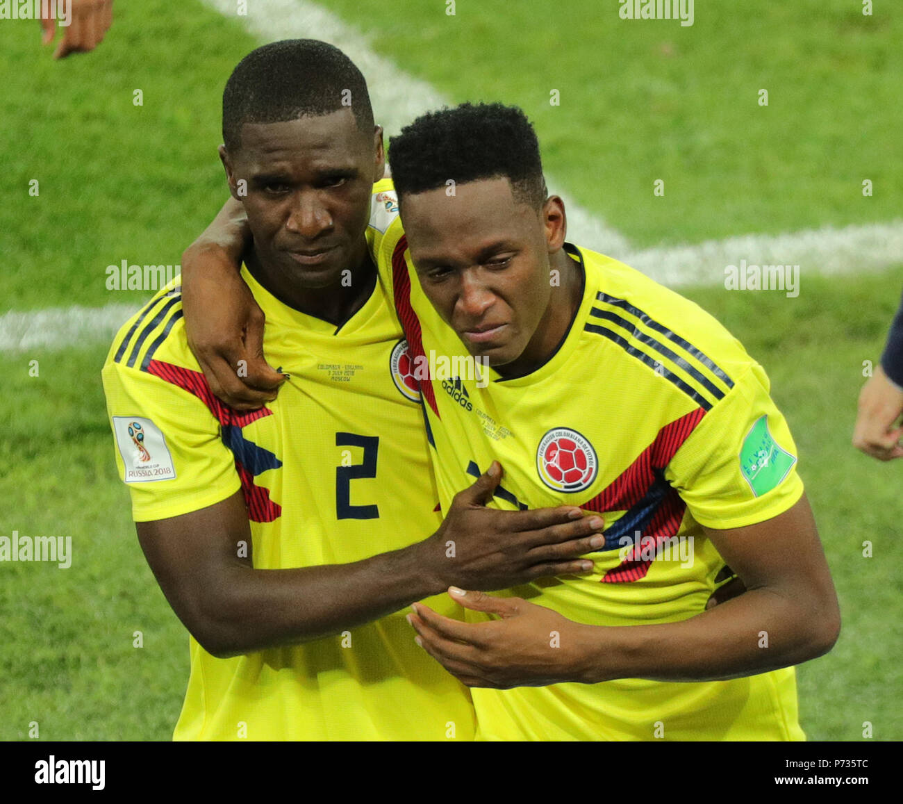 03 July 2018, Russia, Moscow: Soccer, FIFA World Cup, round of 16, Colombia vs England at the Spartak Stadium. Colombia's Yerry Mina (r) and Cristian Zapata. Photo: Christian Charisius/dpa Stock Photo